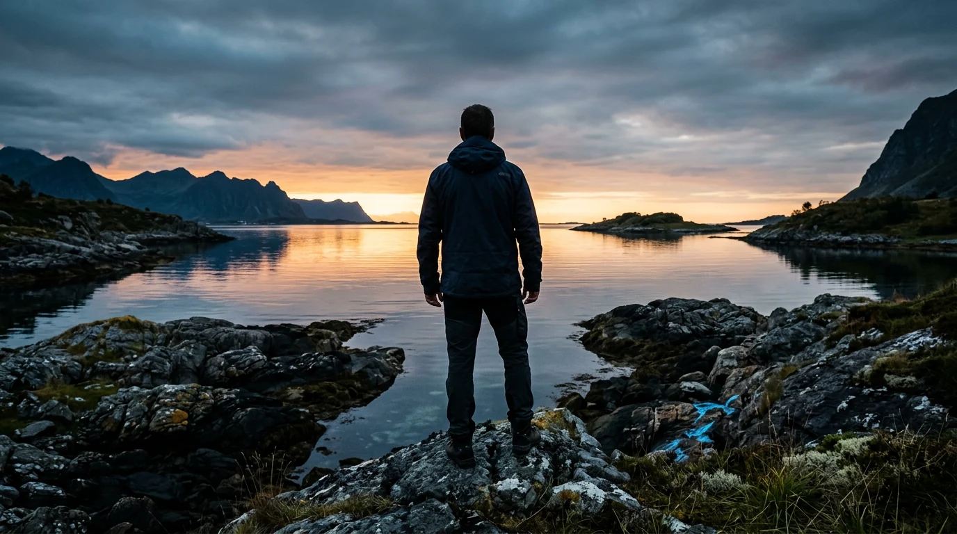 Silhuett av man på klippkust vid soluppgång - aktiv livsstil