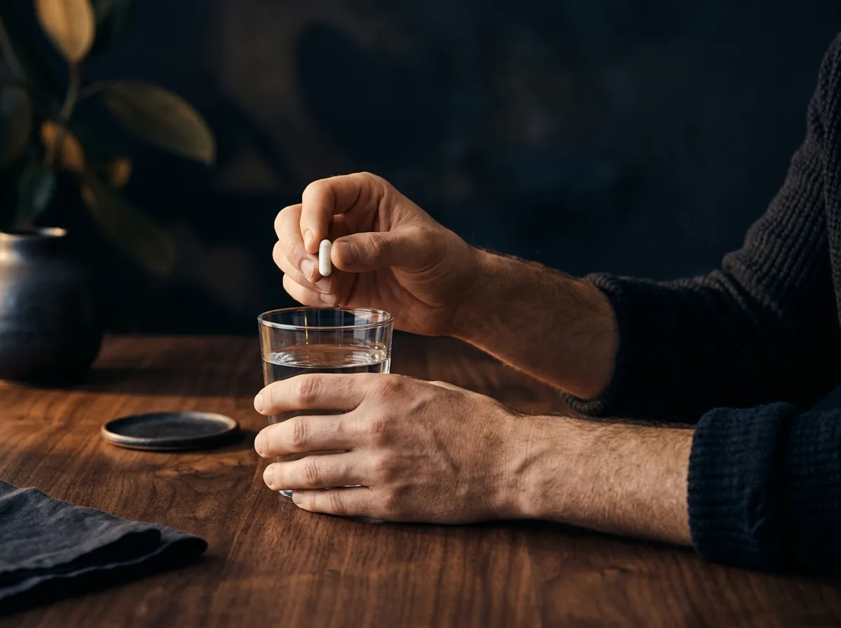 Händer håller ett kapsel med ett glas vatten på ett rent bord