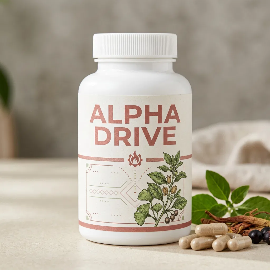 Alpha Drive kosttillskott - vit burk med blå hexagonmönster och 60 kapslar